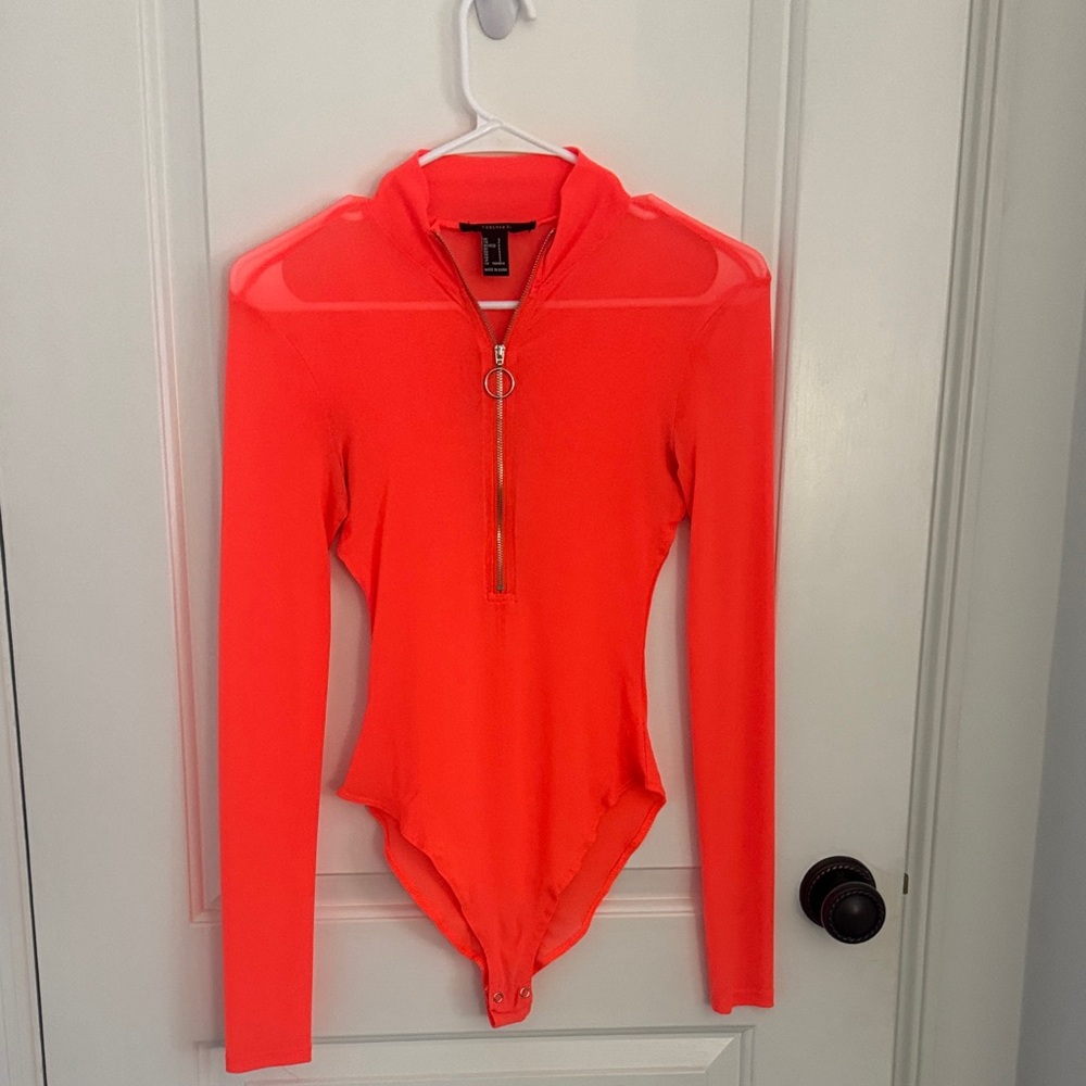 Forever 21 Neon Coral Zip-Front Long Sleeve Bodysuit